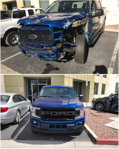 Blue Ford truck before and after dent removal — Las Vegas