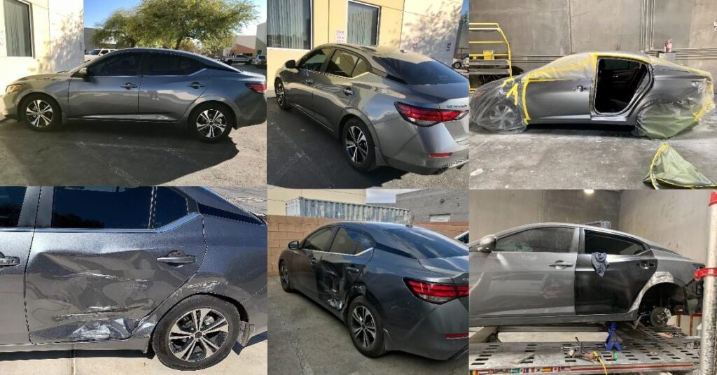 Silver sedan multi-angle collision damage documentation and repair